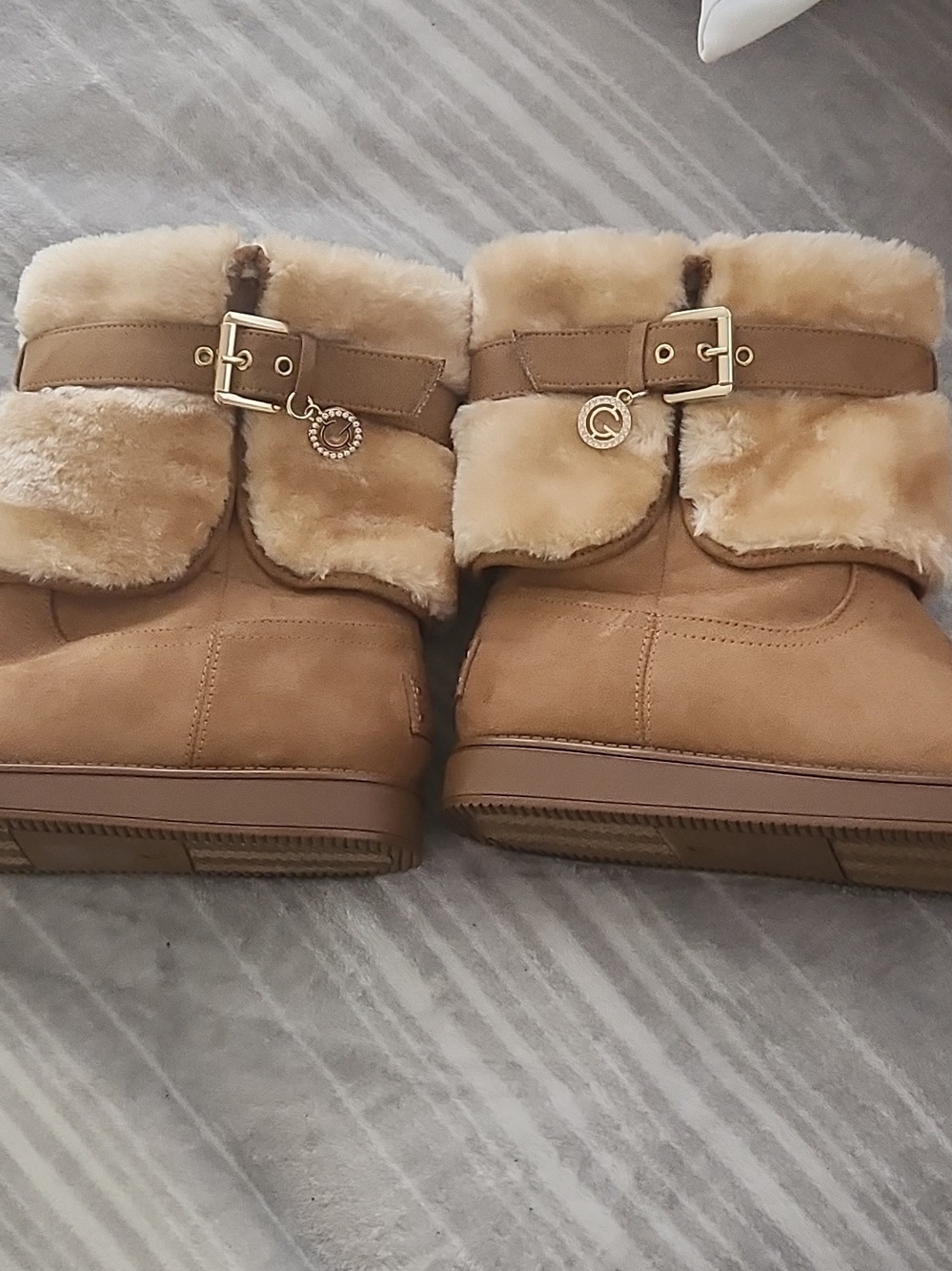 UGG Chestnut Suede Shearling Cuff Ankle Booties with Buckle Charm
